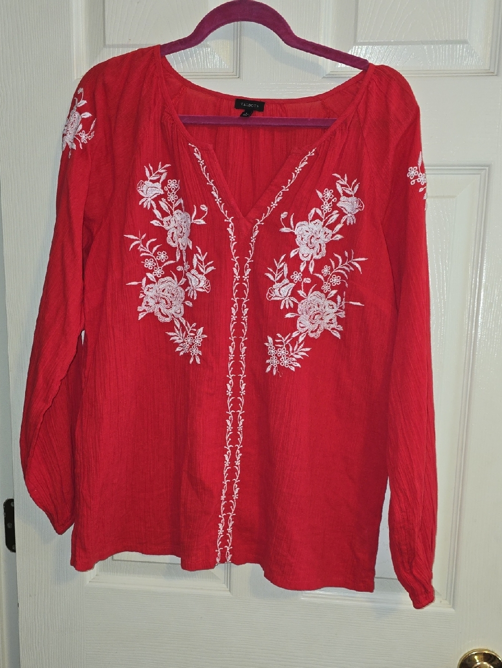 Talbots Red V-Neck Embroidered‎ Peasant Tunic